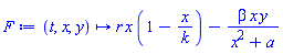 proc (t, x, y) options operator, arrow; r*x*(1-x/k)-beta*x*y/(a+x^2) end proc