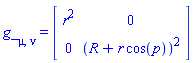 g_[mu, nu] = (Matrix(2, 2, {(1, 1) = r^2, (1, 2) = 0, (2, 1) = 0, (2, 2) = (R+r*cos(p))^2}))