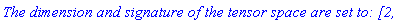 `The dimension and signature of the tensor space are set to: [2, -] `