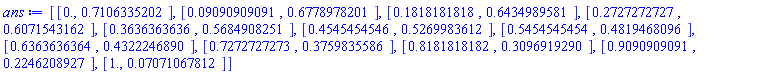 [[0., .7106335202], [0.9090909091e-1, .6778978201], [.1818181818, .6434989581], [.2727272727, .6071543162], [.3636363636, .5684908251], [.4545454546, .5269983612], [.5454545454, .4819468096], [.6363636364, .4322246890], [.7272727273, .3759835586], [.8181818182, .3096919290], [.9090909091, .2246208927], [1., 0.7071067812e-1]]