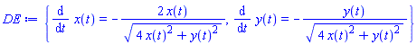 {diff(x(t), t) = -2*x(t)/(4*x(t)^2+y(t)^2)^(1/2), diff(y(t), t) = -y(t)/(4*x(t)^2+y(t)^2)^(1/2)}