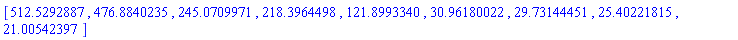 Matrix(1, 9, {(1, 1) = 512.5292887, (1, 2) = 476.8840235, (1, 3) = 245.0709971, (1, 4) = 218.3964498, (1, 5) = 121.8993340, (1, 6) = 30.96180022, (1, 7) = 29.73144451, (1, 8) = 25.40221815, (1, 9) = 21.00542397})