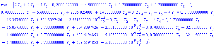 {2*T[4]+2*T[8]-4*T[5] = 0, 2006.025000-4.900000000*T[1]+.7000000000*T[2]+.7000000000*T[3] = 0, .7000000000*T[1]-5.600000000*T[2]+2006.025000+1.400000000*T[4] = 0, 2*T[4]+T[1]+T[6]-4*T[3] = 0, .7000000000*T[8]-15.35750000*T[9]+304.8097426-0.2551500000e-8*T[9]^4 = 0, T[3]+T[2]+T[5]+T[7]-4*T[4] = 0, .7000000000*T[3]-16.05750000*T[6]+.7000000000*T[7]+304.8097426-0.2551500000e-8*T[6]^4 = 0, .7000000000*T[6]-32.11500000*T[7]+1.400000000*T[4]+.7000000000*T[8]+609.6194853-0.5103000000e-8*T[7]^4 = 0, .7000000000*T[7]-32.11500000*T[8]+1.400000000*T[5]+.7000000000*T[9]+609.6194853-0.5103000000e-8*T[8]^4 = 0}