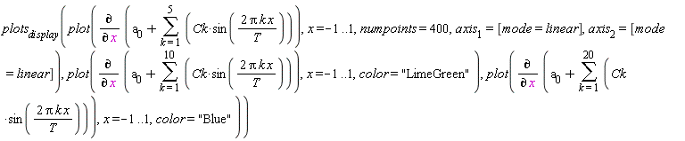 plots[display](plot(diff(a[0]+sum(Ck*sin(2*Pi*k*x/T), k = 1 .. 5), x), x = -1 .. 1, numpoints = 400, axis[1] = [mode = linear], axis[2] = [mode = linear]), plot(diff(a[0]+sum(Ck*sin(2*Pi*k*x/T), k = 1 .. 10), x), x = -1 .. 1, color = "LimeGreen"), plot(diff(a[0]+sum(Ck*sin(2*Pi*k*x/T), k = 1 .. 20), x), x = -1 .. 1, color = "Blue"))