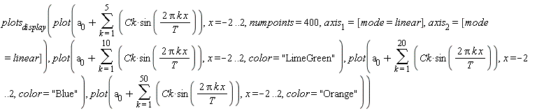 plots[display](plot(a[0]+sum(Ck*sin(2*Pi*k*x/T), k = 1 .. 5), x = -2 .. 2, numpoints = 400, axis[1] = [mode = linear], axis[2] = [mode = linear]), plot(a[0]+sum(Ck*sin(2*Pi*k*x/T), k = 1 .. 10), x = -2 .. 2, color = "LimeGreen"), plot(a[0]+sum(Ck*sin(2*Pi*k*x/T), k = 1 .. 20), x = -2 .. 2, color = "Blue"), plot(a[0]+sum(Ck*sin(2*Pi*k*x/T), k = 1 .. 50), x = -2 .. 2, color = "Orange"))