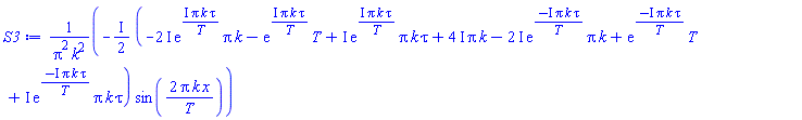 -((1/2)*I)*(-(2*I)*exp(I*Pi*k*tau/T)*Pi*k-exp(I*Pi*k*tau/T)*T+I*exp(I*Pi*k*tau/T)*Pi*k*tau+(4*I)*Pi*k-(2*I)*exp(-I*Pi*k*tau/T)*Pi*k+exp(-I*Pi*k*tau/T)*T+I*exp(-I*Pi*k*tau/T)*Pi*k*tau)*sin(2*Pi*k*x/T)/(Pi^2*k^2)
