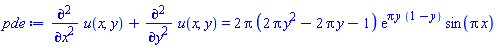 diff(diff(u(x, y), x), x)+diff(diff(u(x, y), y), y) = 2*Pi*(2*Pi*y^2-2*Pi*y-1)*exp(Pi*y*(1-y))*sin(Pi*x)