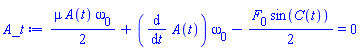 (1/2)*mu*A(t)*omega[0]+(diff(A(t), t))*omega[0]-(1/2)*F[0]*sin(C(t)) = 0