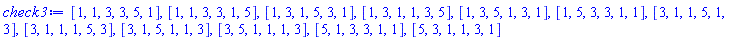 [1, 1, 3, 3, 5, 1], [1, 1, 3, 3, 1, 5], [1, 3, 1, 5, 3, 1], [1, 3, 1, 1, 3, 5], [1, 3, 5, 1, 3, 1], [1, 5, 3, 3, 1, 1], [3, 1, 1, 5, 1, 3], [3, 1, 1, 1, 5, 3], [3, 1, 5, 1, 1, 3], [3, 5, 1, 1, 1, 3], [5, 1, 3, 3, 1, 1], [5, 3, 1, 1, 3, 1]