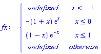 fx := piecewise(x < -1, undefined, x <= 0, -(1+x)*exp(x), x <= 1, (1-x)*exp(-x), undefined)