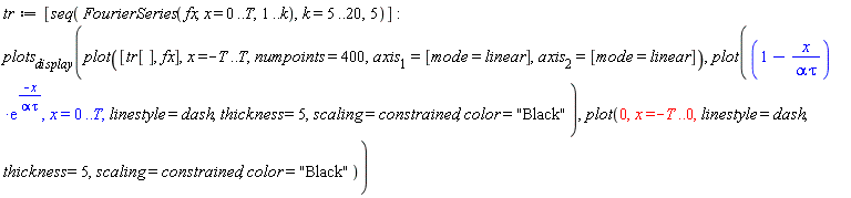 tr := [seq(FourierSeries(fx, x = 0 .. T, 1 .. k), k = 5 .. 20, 5)]; plots[display](plot([tr[], fx], x = -T .. T, numpoints = 400, axis[1] = [mode = linear], axis[2] = [mode = linear]), plot((1-x/(alpha*tau))*exp(-x/(alpha*tau)), x = 0 .. T, linestyle = dash, thickness = 5, scaling = constrained, color = "Black"), plot(0, x = -T .. 0, linestyle = dash, thickness = 5, scaling = constrained, color = "Black"))