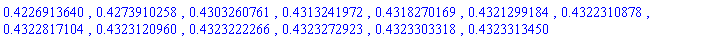 .4226913640, .4273910258, .4303260761, .4313241972, .4318270169, .4321299184, .4322310878, .4322817104, .4323120960, .4323222266, .4323272923, .4323303318, .4323313450