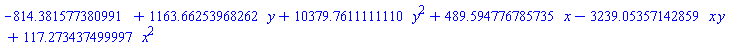 -HFloat(814.3815773809906)+HFloat(1163.6625396826184)*y+HFloat(10379.76111111104)*y^2+HFloat(489.5947767857354)*x-HFloat(3239.053571428586)*x*y+HFloat(117.2734374999967)*x^2