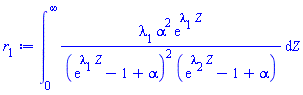 int(lambda[1]*alpha^2*exp(lambda[1]*Z)/((exp(lambda[1]*Z)-1+alpha)^2*(exp(lambda[2]*Z)-1+alpha)), Z = 0 .. infinity)
