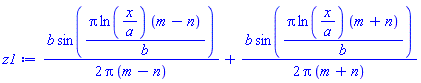 (1/2)*b*sin(Pi*ln(x/a)*(m-n)/b)/(Pi*(m-n))+(1/2)*b*sin(Pi*ln(x/a)*(m+n)/b)/(Pi*(m+n))