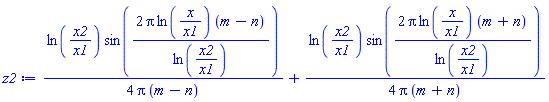 (1/4)*ln(x2/x1)*sin(2*Pi*ln(x/x1)*(m-n)/ln(x2/x1))/(Pi*(m-n))+(1/4)*ln(x2/x1)*sin(2*Pi*ln(x/x1)*(m+n)/ln(x2/x1))/(Pi*(m+n))