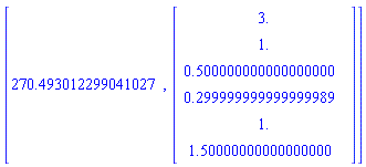 [270.493012299041027, Vector(6, {(1) = 3., (2) = 1., (3) = .500000000000000000, (4) = .299999999999999989, (5) = 1., (6) = 1.50000000000000000})]