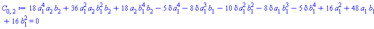 18*a[1]^4*a[2]*b[2]+36*a[1]^2*a[2]*b[1]^2*b[2]+18*a[2]*b[1]^4*b[2]-5*delta*a[1]^4-8*delta*a[1]^3*b[1]-10*delta*a[1]^2*b[1]^2-8*delta*a[1]*b[1]^3-5*delta*b[1]^4+16*a[1]^2+48*a[1]*b[1]+16*b[1]^2 = 0