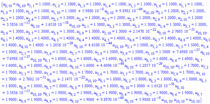 {u[0, 10] = u[0, 10], u[1, 1] = 1.1000, u[1, 2] = 1.1000, u[1, 3] = 1.1000, u[1, 4] = 1.1000, u[1, 5] = 1.1000, u[1, 6] = 1.1000, u[1, 7] = 1.1000, u[1, 8] = 1.1000, u[1, 9] = 1.1000, u[1, 10] = 1.1000+0.59880e-7*u[0, 10]+0.98982e-65*u[10, 10], u[2, 1] = 1.2000, u[2, 2] = 1.2000, u[2, 3] = 1.2000, u[2, 4] = 1.2000, u[2, 5] = 1.2000, u[2, 6] = 1.2000, u[2, 7] = 1.2000, u[2, 8] = 1.2000, u[2, 9] = 1.2000, u[2, 10] = 1.2000+0.35856e-14*u[0, 10]+0.16530e-57*u[10, 10], u[3, 1] = 1.3000, u[3, 2] = 1.3000, u[3, 3] = 1.3000, u[3, 4] = 1.3000, u[3, 5] = 1.3000, u[3, 6] = 1.3000, u[3, 7] = 1.3000, u[3, 8] = 1.3000, u[3, 9] = 1.3000, u[3, 10] = 1.3000+0.21470e-21*u[0, 10]+0.27605e-50*u[10, 10], u[4, 1] = 1.4000, u[4, 2] = 1.4000, u[4, 3] = 1.4000, u[4, 4] = 1.4000, u[4, 5] = 1.4000, u[4, 6] = 1.4000, u[4, 7] = 1.4000, u[4, 8] = 1.4000, u[4, 9] = 1.4000, u[4, 10] = 1.4000+0.12856e-28*u[0, 10]+0.46100e-43*u[10, 10], u[5, 1] = 1.5000, u[5, 2] = 1.5000, u[5, 3] = 1.5000, u[5, 4] = 1.5000, u[5, 5] = 1.5000, u[5, 6] = 1.5000, u[5, 7] = 1.5000, u[5, 8] = 1.5000, u[5, 9] = 1.5000, u[5, 10] = 1.5000+0.76980e-36*u[0, 10]+0.76988e-36*u[10, 10], u[6, 1] = 1.6000, u[6, 2] = 1.6000, u[6, 3] = 1.6000, u[6, 4] = 1.6000, u[6, 5] = 1.6000, u[6, 6] = 1.6000, u[6, 7] = 1.6000, u[6, 8] = 1.6000, u[6, 9] = 1.6000, u[6, 10] = 1.6000+0.46096e-43*u[0, 10]+0.12857e-28*u[10, 10], u[7, 1] = 1.7000, u[7, 2] = 1.7000, u[7, 3] = 1.7000, u[7, 4] = 1.7000, u[7, 5] = 1.7000, u[7, 6] = 1.7000, u[7, 7] = 1.7000, u[7, 8] = 1.7000, u[7, 9] = 1.7000, u[7, 10] = 1.7000+0.27602e-50*u[0, 10]+0.21471e-21*u[10, 10], u[8, 1] = 1.8000, u[8, 2] = 1.8000, u[8, 3] = 1.8000, u[8, 4] = 1.8000, u[8, 5] = 1.8000, u[8, 6] = 1.8000, u[8, 7] = 1.8000, u[8, 8] = 1.8000, u[8, 9] = 1.8000, u[8, 10] = 1.8000+0.16528e-57*u[0, 10]+0.35856e-14*u[10, 10], u[9, 1] = 1.9000, u[9, 2] = 1.9000, u[9, 3] = 1.9000, u[9, 4] = 1.9000, u[9, 5] = 1.9000, u[9, 6] = 1.9000, u[9, 7] = 1.9000, u[9, 8] = 1.9000, u[9, 9] = 1.9000, u[9, 10] = 1.9000+0.98970e-65*u[0, 10]+0.59880e-7*u[10, 10], u[10, 10] = u[10, 10]}