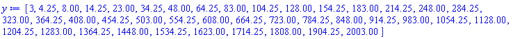 [3, 4.25, 8.00, 14.25, 23.00, 34.25, 48.00, 64.25, 83.00, 104.25, 128.00, 154.25, 183.00, 214.25, 248.00, 284.25, 323.00, 364.25, 408.00, 454.25, 503.00, 554.25, 608.00, 664.25, 723.00, 784.25, 848.00, 914.25, 983.00, 1054.25, 1128.00, 1204.25, 1283.00, 1364.25, 1448.00, 1534.25, 1623.00, 1714.25, 1808.00, 1904.25, 2003.00]