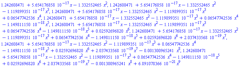 1.242608471+0.5654176858e-16*x-1.332552465*x^2, 1.242608471+0.5654176858e-16*x-1.332552465*x^2-0.1119899351e-16*x^3, 1.242608471+0.5654176858e-16*x-1.332552465*x^2-0.1119899351e-16*x^3+0.6547742536e-1*x^4, 1.242608471+0.5654176858e-16*x-1.332552465*x^2-0.1119899351e-16*x^3+0.6547742536e-1*x^4-0.1149811150e-17*x^5, 1.242608471+0.5654176858e-16*x-1.332552465*x^2-0.1119899351e-16*x^3+0.6547742536e-1*x^4-0.1149811150e-17*x^5+0.2592696820e-1*x^6, 1.242608471+0.5654176858e-16*x-1.332552465*x^2-0.1119899351e-16*x^3+0.6547742536e-1*x^4-0.1149811150e-17*x^5+0.2592696820e-1*x^6+0.2037433568e-18*x^7, 1.242608471+0.5654176858e-16*x-1.332552465*x^2-0.1119899351e-16*x^3+0.6547742536e-1*x^4-0.1149811150e-17*x^5+0.2592696820e-1*x^6+0.2037433568e-18*x^7-0.1300965241e-2*x^8, 1.242608471+0.5654176858e-16*x-1.332552465*x^2-0.1119899351e-16*x^3+0.6547742536e-1*x^4-0.1149811150e-17*x^5+0.2592696820e-1*x^6+0.2037433568e-18*x^7-0.1300965241e-2*x^8+0.6891078366e-20*x^9