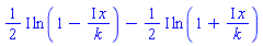 ((1/2)*I)*ln(1-I*x/k)-((1/2)*I)*ln(1+I*x/k)