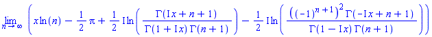 limit(x*ln(n)-(1/2)*Pi+((1/2)*I)*ln(GAMMA(I*x+n+1)/(GAMMA(1+I*x)*GAMMA(n+1)))-((1/2)*I)*ln(((-1)^(n+1))^2*GAMMA(-I*x+n+1)/(GAMMA(1-I*x)*GAMMA(n+1))), n = infinity)