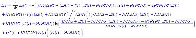 diff(x2(t), t) = -((N1*N2*N3+(x3(t)+V1)*(x2(t)+N1*N2*N3))*(x1(t)+N1*N2*N3)-2*N3*N1*N2*(x2(t)+N1*N2*N3))*x1(t)*(x2(t)+N1*N2*N3)^2/(N2*N1*(((-N1*N2-x2(t)-N1*N2*N3)*(x1(t)+N1*N2*N3)+N3*N1*N2*(x2(t)+N1*N2*N3))*ln(((N1*N2+x2(t)+N1*N2*N3)*(x1(t)+N1*N2*N3)-N3*N1*N2*(x2(t)+N1*N2*N3))/(N1*N2*(x1(t)+N1*N2*N3)))+(x2(t)+N1*N2*N3)*x1(t))*(x1(t)+N1*N2*N3))