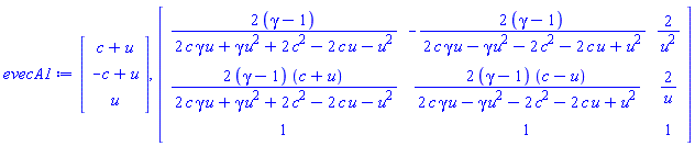 evecA1 := Vector(3, {(1) = c+u, (2) = -c+u, (3) = u}), Matrix(3, 3, {(1, 1) = (2*gamma-2)/(2*c*gamma*u+gamma*u^2+2*c^2-2*c*u-u^2), (1, 2) = -(2*gamma-2)/(2*c*gamma*u-gamma*u^2-2*c^2-2*c*u+u^2), (1, 3) = 2/u^2, (2, 1) = (2*gamma-2)*(c+u)/(2*c*gamma*u+gamma*u^2+2*c^2-2*c*u-u^2), (2, 2) = (2*gamma-2)*(c-u)/(2*c*gamma*u-gamma*u^2-2*c^2-2*c*u+u^2), (2, 3) = 2/u, (3, 1) = 1, (3, 2) = 1, (3, 3) = 1})