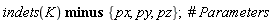 `minus`(indets(K), {px, py, pz})
