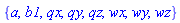 {a, b1, qx, qy, qz, wx, wy, wz}