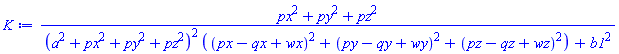 (px^2+py^2+pz^2)/((a^2+px^2+py^2+pz^2)^2*((px-qx+wx)^2+(py-qy+wy)^2+(pz-qz+wz)^2)+b1^2)