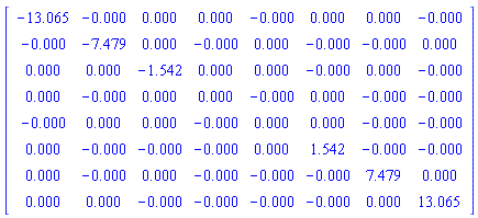 Matrix([[-13.06479065, -0., 0., 0., -0., 0., 0., -0.], [-0., -7.478956942, 0., -0., 0., -0., -0., 0.], [0., 0., -1.541573335, 0., 0., -0., 0., -0.], [0., -0., 0., 0., -0., 0., -0., -0.], [-0., 0., 0., -0., 0., 0., -0., -0.], [0., -0., -0., -0., 0., 1.541573335, -0., -0.], [0., -0., 0., -0., -0., -0., 7.478956942, 0.], [0., 0., -0., -0., -0., -0., 0., 13.06479065]])