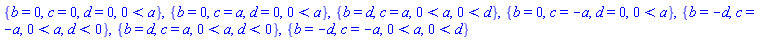 {b = 0, c = 0, d = 0, 0 < a}, {b = 0, c = a, d = 0, 0 < a}, {b = d, c = a, 0 < a, 0 < d}, {b = 0, c = -a, d = 0, 0 < a}, {b = -d, c = -a, 0 < a, d < 0}, {b = d, c = a, 0 < a, d < 0}, {b = -d, c = -a, 0 < a, 0 < d}