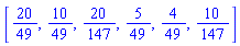 "[[Typesetting:-mfrac(Typesetting:-mn("20",mathvariant = "normal"),Typesetting:-mn("49",mathvariant = "normal"),linethickness = "1",denomalign = "center",numalign = "center",bevelled = "false"), Typesetting:-mfrac(Typesetting:-mn("10",mathvariant = "normal"),Typesetting:-mn("49",mathvariant = "normal"),linethickness = "1",denomalign = "center",numalign = "center",bevelled = "false"), Typesetting:-mfrac(Typesetting:-mn("20",mathvariant = "normal"),Typesetting:-mn("147",mathvariant = "normal"),linethickness = "1",denomalign = "center",numalign = "center",bevelled = "false"), Typesetting:-mfrac(Typesetting:-mn("5",mathvariant = "normal"),Typesetting:-mn("49",mathvariant = "normal"),linethickness = "1",denomalign = "center",numalign = "center",bevelled = "false"), Typesetting:-mfrac(Typesetting:-mn("4",mathvariant = "normal"),Typesetting:-mn("49",mathvariant = "normal"),linethickness = "1",denomalign = "center",numalign = "center",bevelled = "false"), Typesetting:-mfrac(Typesetting:-mn("10",mathvariant = "normal"),Typesetting:-mn("147",mathvariant = "normal"),linethickness = "1",denomalign = "center",numalign = "center",bevelled = "false")]]"