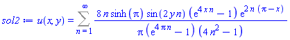 u(x, y) = Sum(8*n*sinh(Pi)*sin(2*y*n)*(exp(4*x*n)-1)*exp(2*n*(Pi-x))/(Pi*(exp(4*Pi*n)-1)*(4*n^2-1)), n = 1 .. infinity)