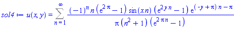 u(x, y) = Sum((-1)^n*n*(exp(2*Pi)-1)*sin(x*n)*(exp(2*y*n)-1)*exp((-y+Pi)*n-Pi)/(Pi*(n^2+1)*(exp(2*Pi*n)-1)), n = 1 .. infinity)