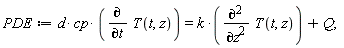 PDE := d*cp*(diff(T(t, z), t)) = k*(diff(T(t, z), z, z))+Q