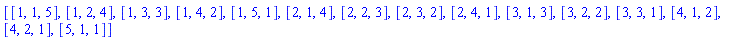 [[1, 1, 5], [1, 2, 4], [1, 3, 3], [1, 4, 2], [1, 5, 1], [2, 1, 4], [2, 2, 3], [2, 3, 2], [2, 4, 1], [3, 1, 3], [3, 2, 2], [3, 3, 1], [4, 1, 2], [4, 2, 1], [5, 1, 1]]