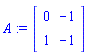 A := Matrix(2, 2, {(1, 1) = 0, (1, 2) = -1, (2, 1) = 1, (2, 2) = -1})