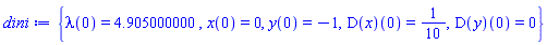 {lambda(0) = 4.905000000, x(0) = 0, y(0) = -1, (D(x))(0) = 1/10, (D(y))(0) = 0}