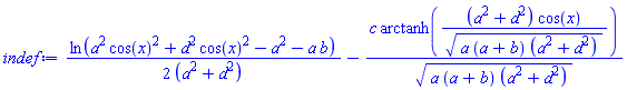 (1/2)*ln(a^2*cos(x)^2+d^2*cos(x)^2-a^2-a*b)/(a^2+d^2)-c*arctanh((a^2+d^2)*cos(x)/(a*(a+b)*(a^2+d^2))^(1/2))/(a*(a+b)*(a^2+d^2))^(1/2)