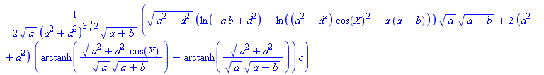 -(1/2)*((a^2+d^2)^(1/2)*(ln(-a*b+d^2)-ln((a^2+d^2)*cos(X)^2-a*(a+b)))*a^(1/2)*(a+b)^(1/2)+2*(a^2+d^2)*(arctanh((a^2+d^2)^(1/2)*cos(X)/(a^(1/2)*(a+b)^(1/2)))-arctanh((a^2+d^2)^(1/2)/(a^(1/2)*(a+b)^(1/2))))*c)/(a^(1/2)*(a^2+d^2)^(3/2)*(a+b)^(1/2))