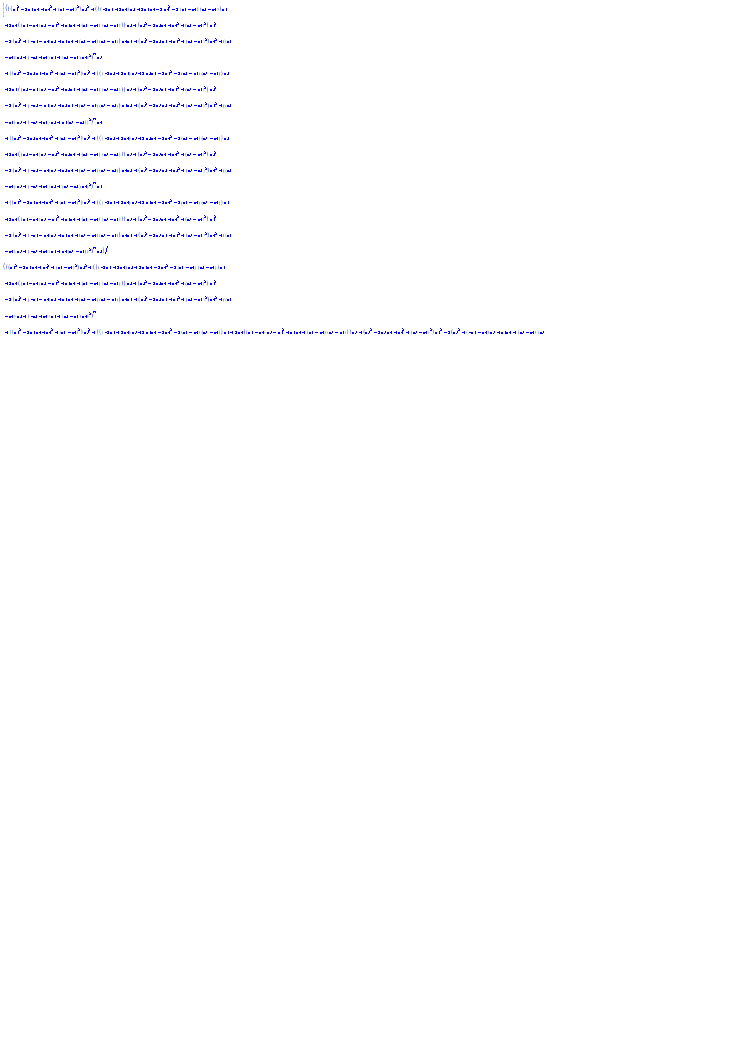 [(((b3^2-2*b3*b4+b4^2+(c3-c4)^2)*a2^2+(((-2*b3+2*b4)*b2+2*b3*b4-2*b4^2-2*(c3-c4)*(c2-c4))*a3+2*a4*((b3-b4)*b2-b3^2+b3*b4+(c3-c4)*(c2-c3)))*a2+(b2^2-2*b2*b4+b4^2+(c2-c4)^2)*a3^2-2*(b2^2+(-b3-b4)*b2+b3*b4+(c2-c4)*(c2-c3))*a4*a3+(b2^2-2*b2*b3+b3^2+(c2-c3)^2)*a4^2+((c3-c4)*b2+(-c2+c4)*b3+(c2-c3)*b4)^2)^(1/2)*a1+((b2^2-2*b2*b3+b3^2+(c2-c3)^2)*a1^2+(((-2*b2+2*b3)*b1+2*b2*b3-2*b3^2-2*(c2-c3)*(c1-c3))*a2+2*a3*((b2-b3)*b1-b2^2+b2*b3+(c2-c3)*(c1-c2)))*a1+(b1^2-2*b1*b3+b3^2+(c1-c3)^2)*a2^2-2*(b1^2+(-b2-b3)*b1+b2*b3+(c1-c3)*(c1-c2))*a3*a2+(b1^2-2*b1*b2+b2^2+(c1-c2)^2)*a3^2+((c2-c3)*b1+(-c1+c3)*b2+b3*(c1-c2))^2)^(1/2)*a4+((b2^2-2*b2*b4+b4^2+(c2-c4)^2)*a1^2+(((-2*b2+2*b4)*b1+2*b2*b4-2*b4^2-2*(c2-c4)*(c1-c4))*a2+2*a4*((b2-b4)*b1-b2^2+b2*b4+(c2-c4)*(c1-c2)))*a1+(b1^2-2*b1*b4+b4^2+(c1-c4)^2)*a2^2-2*(b1^2+(-b2-b4)*b1+b2*b4+(c1-c4)*(c1-c2))*a4*a2+(b1^2-2*b1*b2+b2^2+(c1-c2)^2)*a4^2+((c2-c4)*b1+(-c1+c4)*b2+(c1-c2)*b4)^2)^(1/2)*a3+((b3^2-2*b3*b4+b4^2+(c3-c4)^2)*a1^2+(((-2*b3+2*b4)*b1+2*b3*b4-2*b4^2-2*(c3-c4)*(c1-c4))*a3+2*a4*((b3-b4)*b1-b3^2+b3*b4+(c3-c4)*(c1-c3)))*a1+(b1^2-2*b1*b4+b4^2+(c1-c4)^2)*a3^2-2*(b1^2+(-b3-b4)*b1+b3*b4+(c1-c4)*(c1-c3))*a4*a3+(b1^2-2*b1*b3+b3^2+(c1-c3)^2)*a4^2+((c3-c4)*b1+(-c1+c4)*b3+b4*(c1-c3))^2)^(1/2)*a2)/(((b3^2-2*b3*b4+b4^2+(c3-c4)^2)*a2^2+(((-2*b3+2*b4)*b2+2*b3*b4-2*b4^2-2*(c3-c4)*(c2-c4))*a3+2*a4*((b3-b4)*b2-b3^2+b3*b4+(c3-c4)*(c2-c3)))*a2+(b2^2-2*b2*b4+b4^2+(c2-c4)^2)*a3^2-2*(b2^2+(-b3-b4)*b2+b3*b4+(c2-c4)*(c2-c3))*a4*a3+(b2^2-2*b2*b3+b3^2+(c2-c3)^2)*a4^2+((c3-c4)*b2+(-c2+c4)*b3+(c2-c3)*b4)^2)^(1/2)+((b3^2-2*b3*b4+b4^2+(c3-c4)^2)*a1^2+(((-2*b3+2*b4)*b1+2*b3*b4-2*b4^2-2*(c3-c4)*(c1-c4))*a3+2*a4*((b3-b4)*b1-b3^2+b3*b4+(c3-c4)*(c1-c3)))*a1+(b1^2-2*b1*b4+b4^2+(c1-c4)^2)*a3^2-2*(b1^2+(-b3-b4)*b1+b3*b4+(c1-c4)*(c1-c3))*a4*a3+(b1^2-2*b1*b3+b3^2+(c1-c3)^2)*a4^2+((c3-c4)*b1+(-c1+c4)*b3+b4*(c1-c3))^2)^(1/2)+((b2^2-2*b2*b4+b4^2+(c2-c4)^2)*a1^2+(((-2*b2+2*b4)*b1+2*b2*b4-2*b4^2-2*(c2-c4)*(c1-c4))*a2+2*a4*((b2-b4)*b1-b2^2+b2*b4+(c2-c4)*(c1-c2)))*a1+(b1^2-2*b1*b4+b4^2+(c1-c4)^2)*a2^2-2*(b1^2+(-b2-b4)*b1+b2*b4+(c1-c4)*(c1-c2))*a4*a2+(b1^2-2*b1*b2+b2^2+(c1-c2)^2)*a4^2+((c2-c4)*b1+(-c1+c4)*b2+(c1-c2)*b4)^2)^(1/2)+((b2^2-2*b2*b3+b3^2+(c2-c3)^2)*a1^2+(((-2*b2+2*b3)*b1+2*b2*b3-2*b3^2-2*(c2-c3)*(c1-c3))*a2+2*a3*((b2-b3)*b1-b2^2+b2*b3+(c2-c3)*(c1-c2)))*a1+(b1^2-2*b1*b3+b3^2+(c1-c3)^2)*a2^2-2*(b1^2+(-b2-b3)*b1+b2*b3+(c1-c3)*(c1-c2))*a3*a2+(b1^2-2*b1*b2+b2^2+(c1-c2)^2)*a3^2+((c2-c3)*b1+(-c1+c3)*b2+b3*(c1-c2))^2)^(1/2)), (((b2^2-2*b2*b3+b3^2+(c2-c3)^2)*a1^2+(((-2*b2+2*b3)*b1+2*b2*b3-2*b3^2-2*(c2-c3)*(c1-c3))*a2+2*a3*((b2-b3)*b1-b2^2+b2*b3+(c2-c3)*(c1-c2)))*a1+(b1^2-2*b1*b3+b3^2+(c1-c3)^2)*a2^2-2*(b1^2+(-b2-b3)*b1+b2*b3+(c1-c3)*(c1-c2))*a3*a2+(b1^2-2*b1*b2+b2^2+(c1-c2)^2)*a3^2+((c2-c3)*b1+(-c1+c3)*b2+b3*(c1-c2))^2)^(1/2)*b4+((b2^2-2*b2*b4+b4^2+(c2-c4)^2)*a1^2+(((-2*b2+2*b4)*b1+2*b2*b4-2*b4^2-2*(c2-c4)*(c1-c4))*a2+2*a4*((b2-b4)*b1-b2^2+b2*b4+(c2-c4)*(c1-c2)))*a1+(b1^2-2*b1*b4+b4^2+(c1-c4)^2)*a2^2-2*(b1^2+(-b2-b4)*b1+b2*b4+(c1-c4)*(c1-c2))*a4*a2+(b1^2-2*b1*b2+b2^2+(c1-c2)^2)*a4^2+((c2-c4)*b1+(-c1+c4)*b2+(c1-c2)*b4)^2)^(1/2)*b3+((b3^2-2*b3*b4+b4^2+(c3-c4)^2)*a1^2+(((-2*b3+2*b4)*b1+2*b3*b4-2*b4^2-2*(c3-c4)*(c1-c4))*a3+2*a4*((b3-b4)*b1-b3^2+b3*b4+(c3-c4)*(c1-c3)))*a1+(b1^2-2*b1*b4+b4^2+(c1-c4)^2)*a3^2-2*(b1^2+(-b3-b4)*b1+b3*b4+(c1-c4)*(c1-c3))*a4*a3+(b1^2-2*b1*b3+b3^2+(c1-c3)^2)*a4^2+((c3-c4)*b1+(-c1+c4)*b3+b4*(c1-c3))^2)^(1/2)*b2+((b3^2-2*b3*b4+b4^2+(c3-c4)^2)*a2^2+(((-2*b3+2*b4)*b2+2*b3*b4-2*b4^2-2*(c3-c4)*(c2-c4))*a3+2*a4*((b3-b4)*b2-b3^2+b3*b4+(c3-c4)*(c2-c3)))*a2+(b2^2-2*b2*b4+b4^2+(c2-c4)^2)*a3^2-2*(b2^2+(-b3-b4)*b2+b3*b4+(c2-c4)*(c2-c3))*a4*a3+(b2^2-2*b2*b3+b3^2+(c2-c3)^2)*a4^2+((c3-c4)*b2+(-c2+c4)*b3+(c2-c3)*b4)^2)^(1/2)*b1)/(((b3^2-2*b3*b4+b4^2+(c3-c4)^2)*a2^2+(((-2*b3+2*b4)*b2+2*b3*b4-2*b4^2-2*(c3-c4)*(c2-c4))*a3+2*a4*((b3-b4)*b2-b3^2+b3*b4+(c3-c4)*(c2-c3)))*a2+(b2^2-2*b2*b4+b4^2+(c2-c4)^2)*a3^2-2*(b2^2+(-b3-b4)*b2+b3*b4+(c2-c4)*(c2-c3))*a4*a3+(b2^2-2*b2*b3+b3^2+(c2-c3)^2)*a4^2+((c3-c4)*b2+(-c2+c4)*b3+(c2-c3)*b4)^2)^(1/2)+((b3^2-2*b3*b4+b4^2+(c3-c4)^2)*a1^2+(((-2*b3+2*b4)*b1+2*b3*b4-2*b4^2-2*(c3-c4)*(c1-c4))*a3+2*a4*((b3-b4)*b1-b3^2+b3*b4+(c3-c4)*(c1-c3)))*a1+(b1^2-2*b1*b4+b4^2+(c1-c4)^2)*a3^2-2*(b1^2+(-b3-b4)*b1+b3*b4+(c1-c4)*(c1-c3))*a4*a3+(b1^2-2*b1*b3+b3^2+(c1-c3)^2)*a4^2+((c3-c4)*b1+(-c1+c4)*b3+b4*(c1-c3))^2)^(1/2)+((b2^2-2*b2*b4+b4^2+(c2-c4)^2)*a1^2+(((-2*b2+2*b4)*b1+2*b2*b4-2*b4^2-2*(c2-c4)*(c1-c4))*a2+2*a4*((b2-b4)*b1-b2^2+b2*b4+(c2-c4)*(c1-c2)))*a1+(b1^2-2*b1*b4+b4^2+(c1-c4)^2)*a2^2-2*(b1^2+(-b2-b4)*b1+b2*b4+(c1-c4)*(c1-c2))*a4*a2+(b1^2-2*b1*b2+b2^2+(c1-c2)^2)*a4^2+((c2-c4)*b1+(-c1+c4)*b2+(c1-c2)*b4)^2)^(1/2)+((b2^2-2*b2*b3+b3^2+(c2-c3)^2)*a1^2+(((-2*b2+2*b3)*b1+2*b2*b3-2*b3^2-2*(c2-c3)*(c1-c3))*a2+2*a3*((b2-b3)*b1-b2^2+b2*b3+(c2-c3)*(c1-c2)))*a1+(b1^2-2*b1*b3+b3^2+(c1-c3)^2)*a2^2-2*(b1^2+(-b2-b3)*b1+b2*b3+(c1-c3)*(c1-c2))*a3*a2+(b1^2-2*b1*b2+b2^2+(c1-c2)^2)*a3^2+((c2-c3)*b1+(-c1+c3)*b2+b3*(c1-c2))^2)^(1/2)), (((b3^2-2*b3*b4+b4^2+(c3-c4)^2)*a1^2+(((-2*b3+2*b4)*b1+2*b3*b4-2*b4^2-2*(c3-c4)*(c1-c4))*a3+2*a4*((b3-b4)*b1-b3^2+b3*b4+(c3-c4)*(c1-c3)))*a1+(b1^2-2*b1*b4+b4^2+(c1-c4)^2)*a3^2-2*(b1^2+(-b3-b4)*b1+b3*b4+(c1-c4)*(c1-c3))*a4*a3+(b1^2-2*b1*b3+b3^2+(c1-c3)^2)*a4^2+((c3-c4)*b1+(-c1+c4)*b3+b4*(c1-c3))^2)^(1/2)*c2+((b2^2-2*b2*b4+b4^2+(c2-c4)^2)*a1^2+(((-2*b2+2*b4)*b1+2*b2*b4-2*b4^2-2*(c2-c4)*(c1-c4))*a2+2*a4*((b2-b4)*b1-b2^2+b2*b4+(c2-c4)*(c1-c2)))*a1+(b1^2-2*b1*b4+b4^2+(c1-c4)^2)*a2^2-2*(b1^2+(-b2-b4)*b1+b2*b4+(c1-c4)*(c1-c2))*a4*a2+(b1^2-2*b1*b2+b2^2+(c1-c2)^2)*a4^2+((c2-c4)*b1+(-c1+c4)*b2+(c1-c2)*b4)^2)^(1/2)*c3+((b2^2-2*b2*b3+b3^2+(c2-c3)^2)*a1^2+(((-2*b2+2*b3)*b1+2*b2*b3-2*b3^2-2*(c2-c3)*(c1-c3))*a2+2*a3*((b2-b3)*b1-b2^2+b2*b3+(c2-c3)*(c1-c2)))*a1+(b1^2-2*b1*b3+b3^2+(c1-c3)^2)*a2^2-2*(b1^2+(-b2-b3)*b1+b2*b3+(c1-c3)*(c1-c2))*a3*a2+(b1^2-2*b1*b2+b2^2+(c1-c2)^2)*a3^2+((c2-c3)*b1+(-c1+c3)*b2+b3*(c1-c2))^2)^(1/2)*c4+((b3^2-2*b3*b4+b4^2+(c3-c4)^2)*a2^2+(((-2*b3+2*b4)*b2+2*b3*b4-2*b4^2-2*(c3-c4)*(c2-c4))*a3+2*a4*((b3-b4)*b2-b3^2+b3*b4+(c3-c4)*(c2-c3)))*a2+(b2^2-2*b2*b4+b4^2+(c2-c4)^2)*a3^2-2*(b2^2+(-b3-b4)*b2+b3*b4+(c2-c4)*(c2-c3))*a4*a3+(b2^2-2*b2*b3+b3^2+(c2-c3)^2)*a4^2+((c3-c4)*b2+(-c2+c4)*b3+(c2-c3)*b4)^2)^(1/2)*c1)/(((b3^2-2*b3*b4+b4^2+(c3-c4)^2)*a2^2+(((-2*b3+2*b4)*b2+2*b3*b4-2*b4^2-2*(c3-c4)*(c2-c4))*a3+2*a4*((b3-b4)*b2-b3^2+b3*b4+(c3-c4)*(c2-c3)))*a2+(b2^2-2*b2*b4+b4^2+(c2-c4)^2)*a3^2-2*(b2^2+(-b3-b4)*b2+b3*b4+(c2-c4)*(c2-c3))*a4*a3+(b2^2-2*b2*b3+b3^2+(c2-c3)^2)*a4^2+((c3-c4)*b2+(-c2+c4)*b3+(c2-c3)*b4)^2)^(1/2)+((b3^2-2*b3*b4+b4^2+(c3-c4)^2)*a1^2+(((-2*b3+2*b4)*b1+2*b3*b4-2*b4^2-2*(c3-c4)*(c1-c4))*a3+2*a4*((b3-b4)*b1-b3^2+b3*b4+(c3-c4)*(c1-c3)))*a1+(b1^2-2*b1*b4+b4^2+(c1-c4)^2)*a3^2-2*(b1^2+(-b3-b4)*b1+b3*b4+(c1-c4)*(c1-c3))*a4*a3+(b1^2-2*b1*b3+b3^2+(c1-c3)^2)*a4^2+((c3-c4)*b1+(-c1+c4)*b3+b4*(c1-c3))^2)^(1/2)+((b2^2-2*b2*b4+b4^2+(c2-c4)^2)*a1^2+(((-2*b2+2*b4)*b1+2*b2*b4-2*b4^2-2*(c2-c4)*(c1-c4))*a2+2*a4*((b2-b4)*b1-b2^2+b2*b4+(c2-c4)*(c1-c2)))*a1+(b1^2-2*b1*b4+b4^2+(c1-c4)^2)*a2^2-2*(b1^2+(-b2-b4)*b1+b2*b4+(c1-c4)*(c1-c2))*a4*a2+(b1^2-2*b1*b2+b2^2+(c1-c2)^2)*a4^2+((c2-c4)*b1+(-c1+c4)*b2+(c1-c2)*b4)^2)^(1/2)+((b2^2-2*b2*b3+b3^2+(c2-c3)^2)*a1^2+(((-2*b2+2*b3)*b1+2*b2*b3-2*b3^2-2*(c2-c3)*(c1-c3))*a2+2*a3*((b2-b3)*b1-b2^2+b2*b3+(c2-c3)*(c1-c2)))*a1+(b1^2-2*b1*b3+b3^2+(c1-c3)^2)*a2^2-2*(b1^2+(-b2-b3)*b1+b2*b3+(c1-c3)*(c1-c2))*a3*a2+(b1^2-2*b1*b2+b2^2+(c1-c2)^2)*a3^2+((c2-c3)*b1+(-c1+c3)*b2+b3*(c1-c2))^2)^(1/2))]