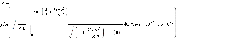 R := 3; plot(sqrt(R/(2*g))*(int(1/sqrt(1+Vzero^2/(2*g*R)-cos(theta)), theta = 0 .. arccos(2/3+Vzero^2/(3*g*R)))), Vzero = 10^(-4) .. 1.5*10^(-3))