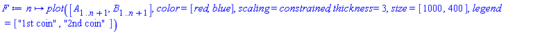 proc (n) options operator, arrow; plot([A[1 .. n+1], B[1 .. n+1]], color = [red, blue], scaling = constrained, thickness = 3, size = [1000, 400], legend = ["1st coin", "2nd coin"]) end proc