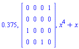 .375, Matrix(4, 4, {(1, 1) = 0, (1, 2) = 0, (1, 3) = 0, (1, 4) = 1, (2, 1) = 0, (2, 2) = 0, (2, 3) = 0, (2, 4) = 0, (3, 1) = 1, (3, 2) = 0, (3, 3) = 0, (3, 4) = 0, (4, 1) = 0, (4, 2) = 0, (4, 3) = 1, (4, 4) = 0}), x^4+x