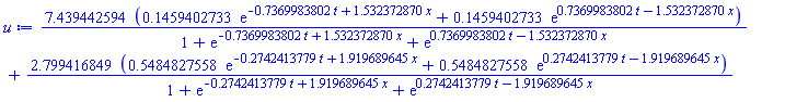 7.439442594*(.1459402733*exp(-.7369983802*t+1.532372870*x)+.1459402733*exp(.7369983802*t-1.532372870*x))/(1+exp(-.7369983802*t+1.532372870*x)+exp(.7369983802*t-1.532372870*x))+2.799416849*(.5484827558*exp(-.2742413779*t+1.919689645*x)+.5484827558*exp(.2742413779*t-1.919689645*x))/(1+exp(-.2742413779*t+1.919689645*x)+exp(.2742413779*t-1.919689645*x))