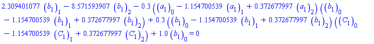 2.309401077*b[1][1]-8.571593907*b[1][2]-.3*(a[1][0]-1.154700539*a[1][1]+.372677997*a[1][2])*(b[1][0]-1.154700539*b[1][1]+.372677997*b[1][2])+.3*(b[1][0]-1.154700539*b[1][1]+.372677997*b[1][2])*(C[1][0]-1.154700539*C[1][1]+.372677997*C[1][2])+1.0*b[1][0] = 0