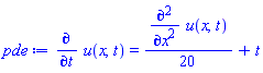 diff(u(x, t), t) = (1/20)*(diff(diff(u(x, t), x), x))+t